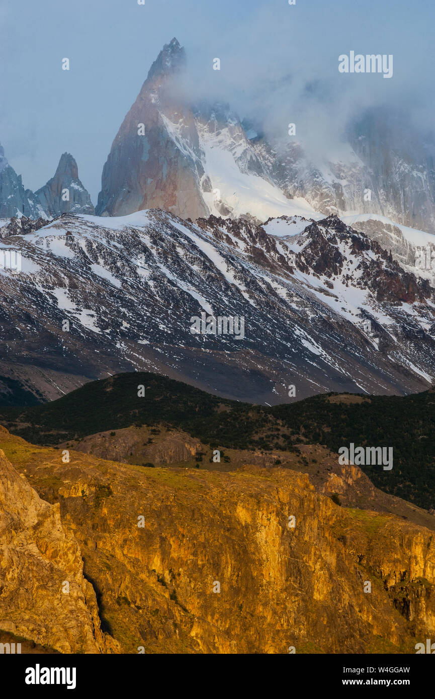 View of Mount Fitz Roy near El Chalten at sunrise, Patagonia, Argentina, South America Stock Photo