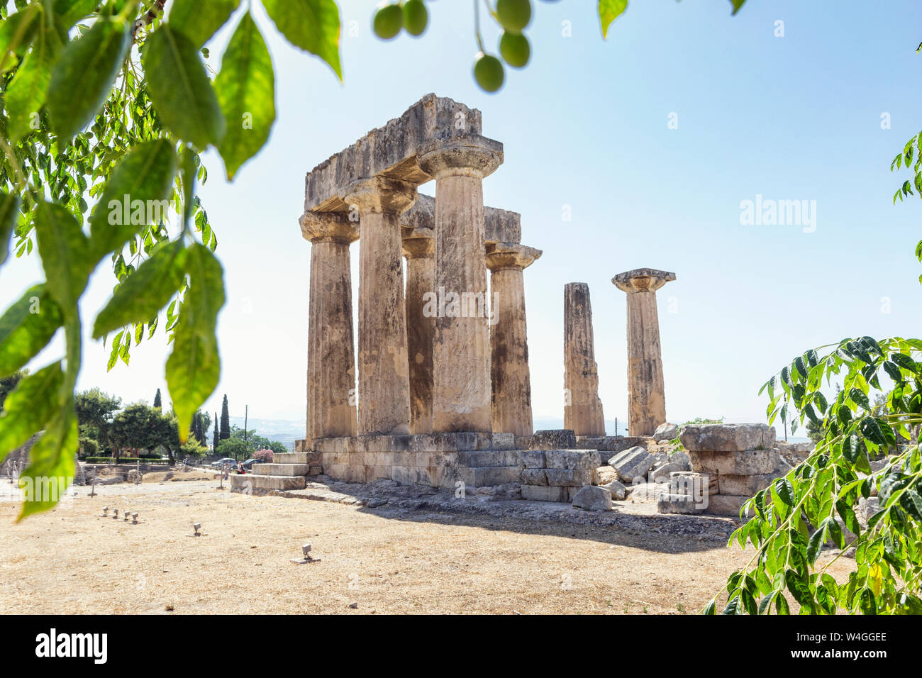 Archaic Temple of Apollo, Dorian columns, Corinth, Greece Stock Photo