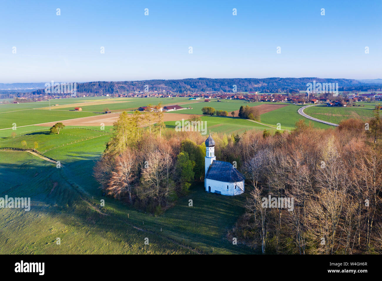 Aerial view of Chapel St. Georg, Ascholding near Dietramszell, Upper Bavaria, Germany Stock Photo