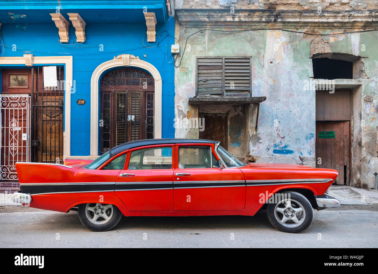 Parked red vintage car, Havana, Cuba Stock Photo