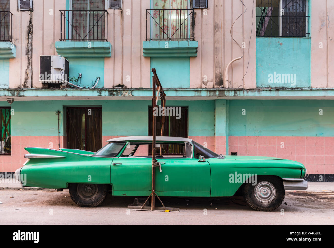 Parked green vintage car, Havana, Cuba Stock Photo