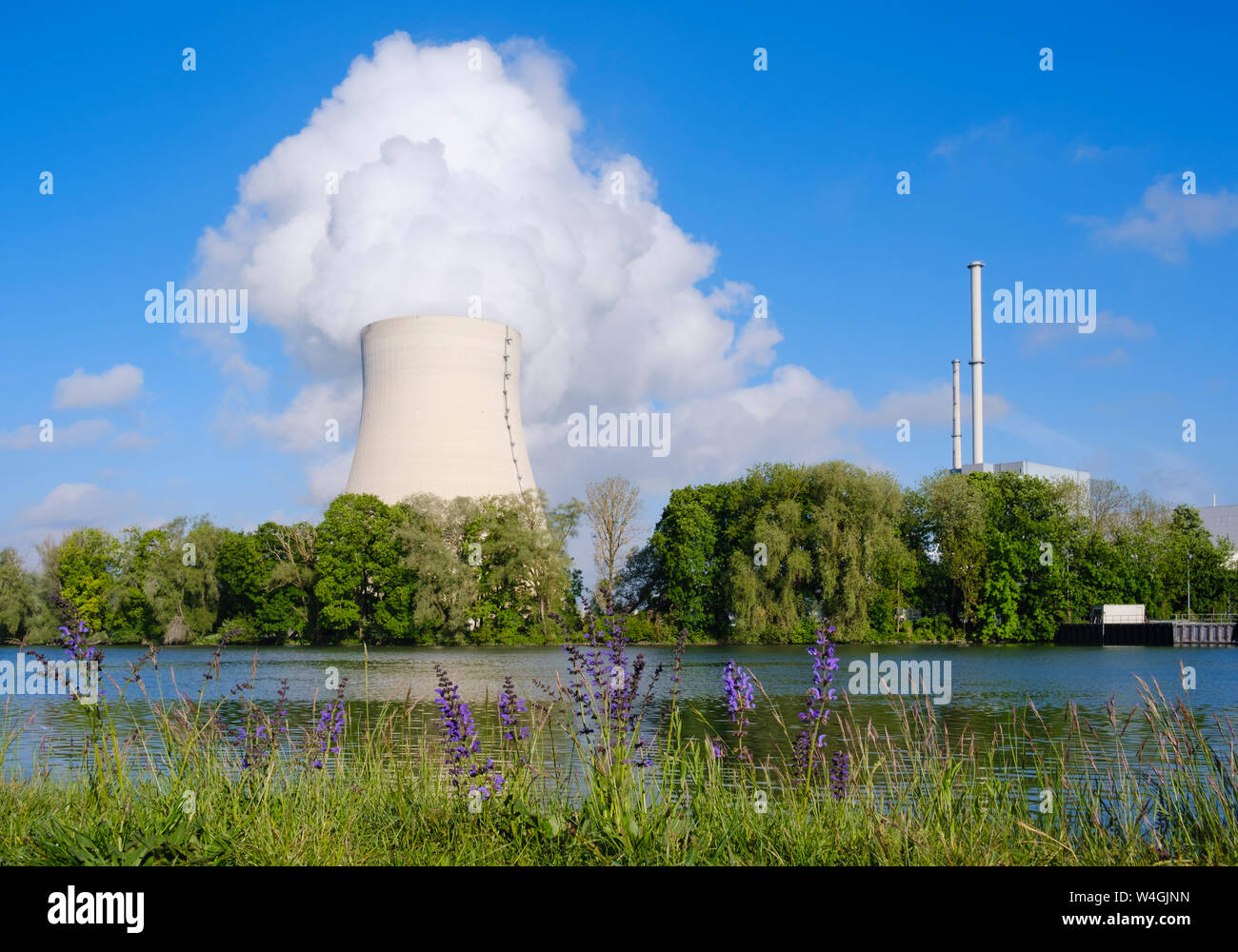 Isar Nuclear Power Plant, Niederaichbach reservoir, near Landshut, Bavaria, Germany Stock Photo