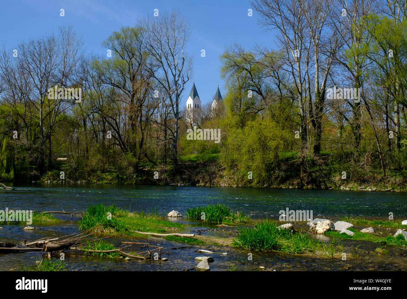 Freising cathedral and river Isar, Freising, Bavaria, Germany Stock Photo
