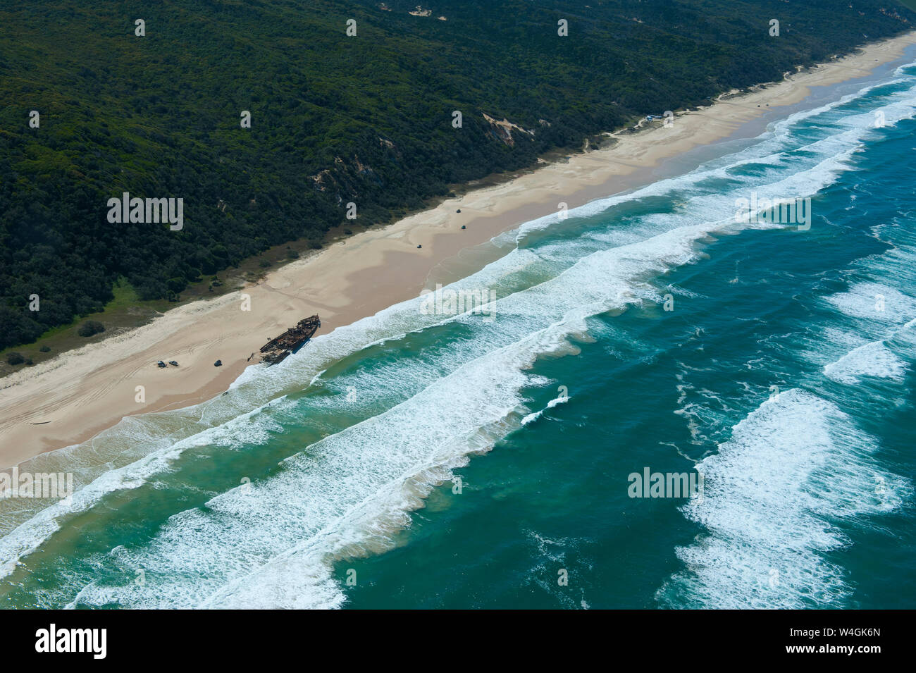 Aerial of the 75 mile beach and Mahona II shipwreck, Fraser Island, Queensland, Australia Stock Photo
