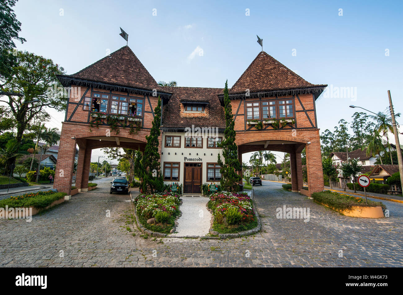 Town gate of the German town Pomerode, Brazil Stock Photo