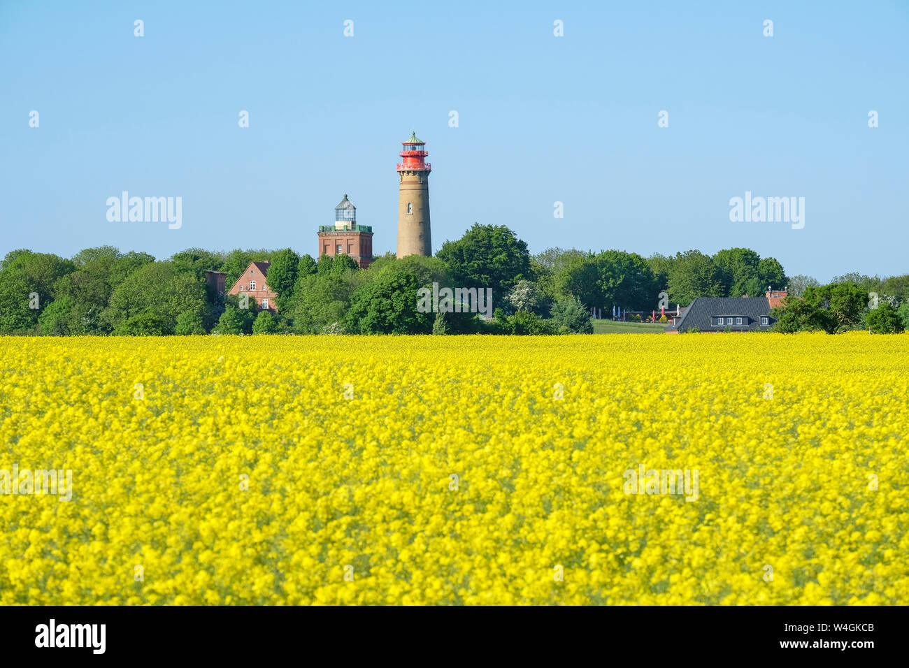 Germany, Mecklenburg-Western Pomerania, Rugen, Schinkel tower and the new lighthouse near Kap Arkona, rape field in the foreground Stock Photo