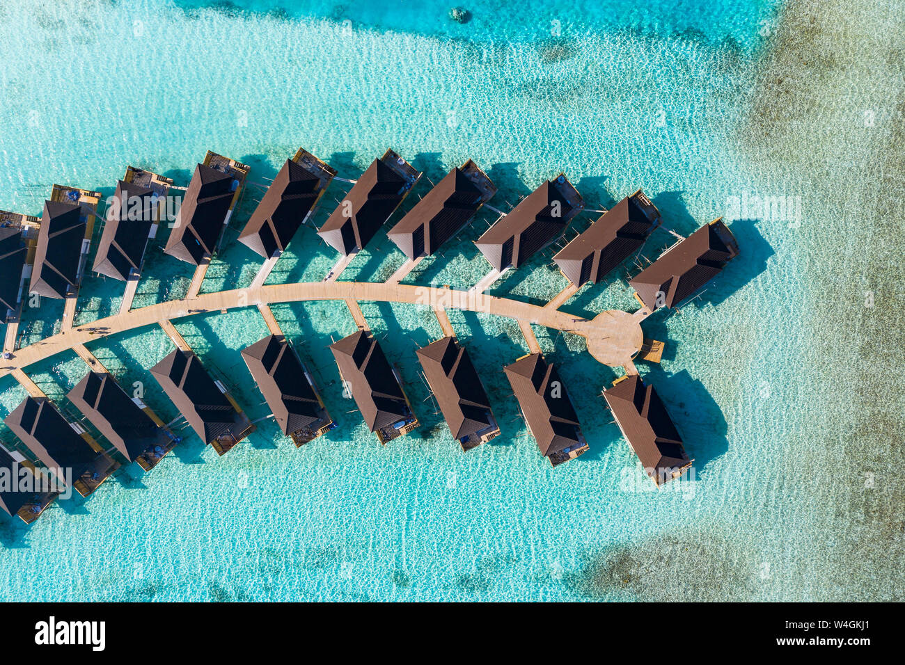 Water bungalows from above, South Male Atoll, Maledives Stock Photo