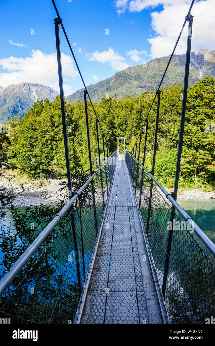 Suspension bridge, Blue Pools, Haast Pass, South Island, New Zealand Stock Photo