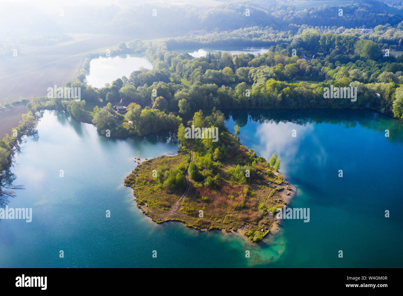 Pond in local recreation area Gretlmuehle, near Landshut, Bavaria, Germany, drone shot Stock Photo