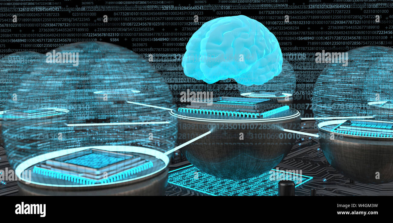 Human brain with networked microchips hires stock photography and