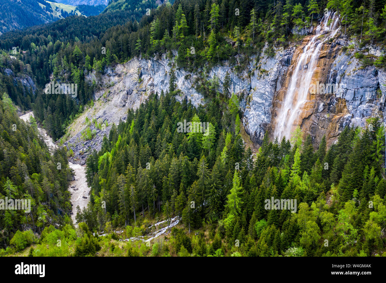 Aerial view over Lech valley and Lech river with waterfall, Tyrol, Austria Stock Photo