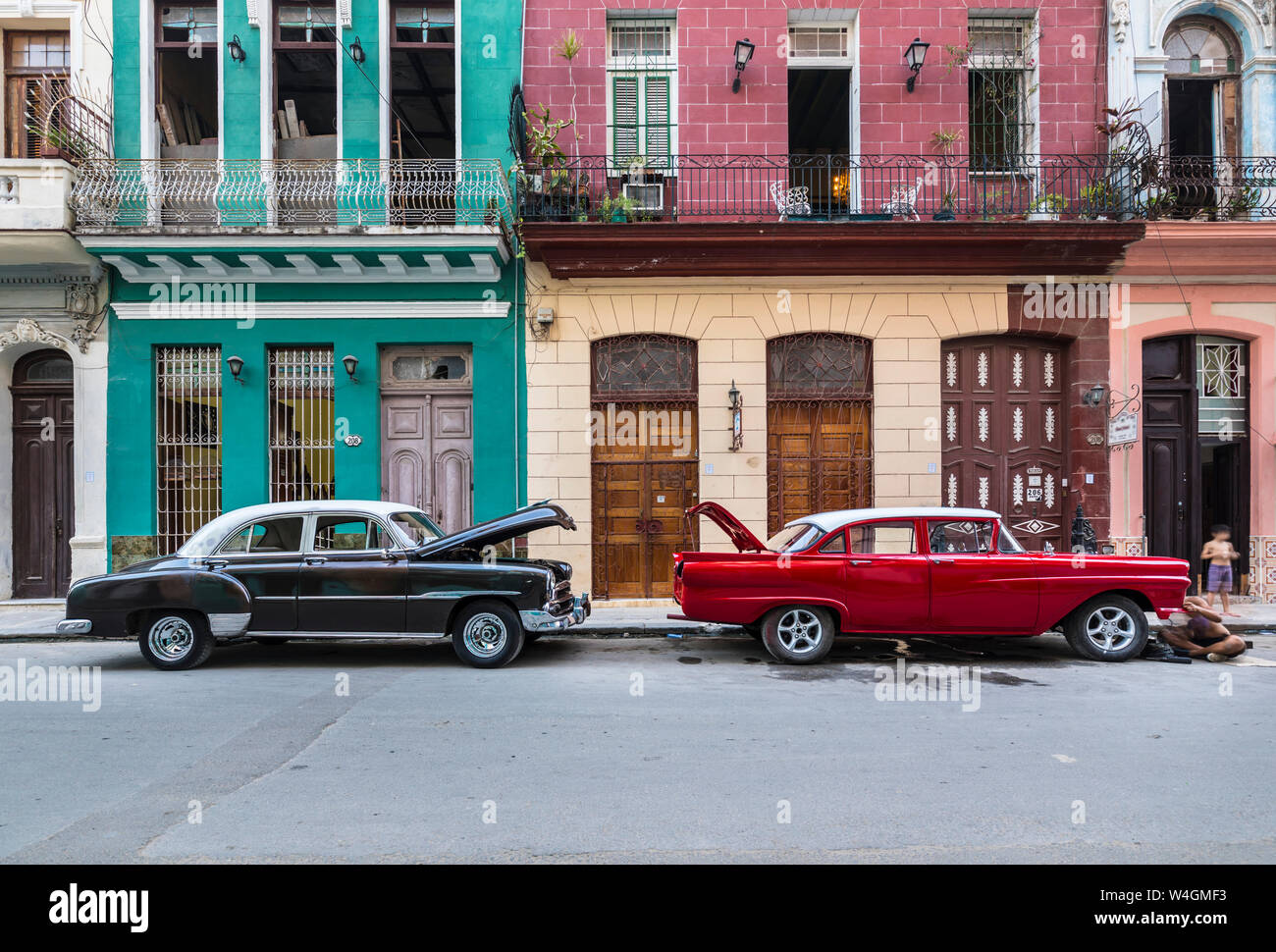 Two parked vintage car,s Havana, Cuba Stock Photo