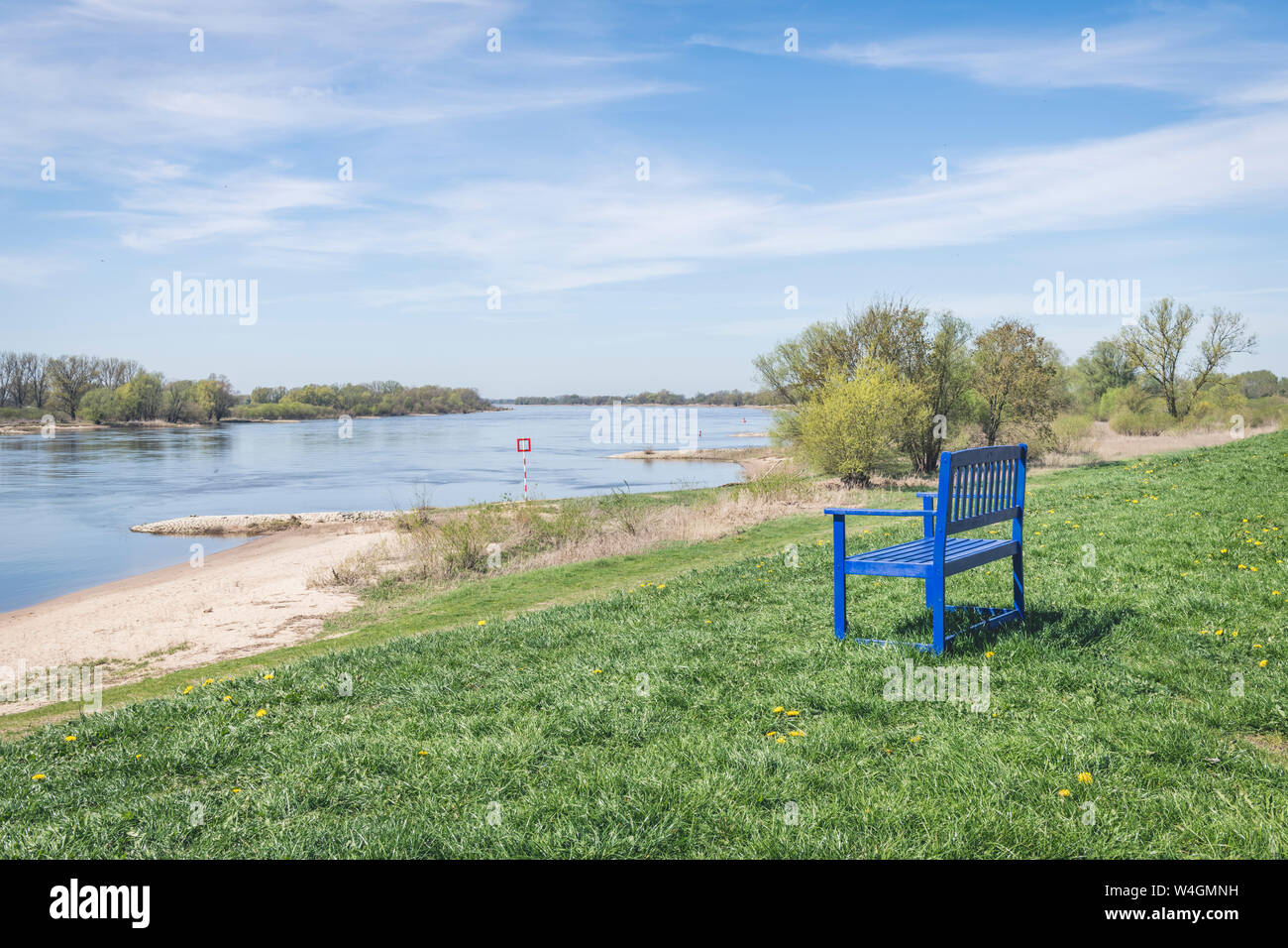 Bench at River Elbe, Viehle, Lower Saxony, Germany Stock Photo