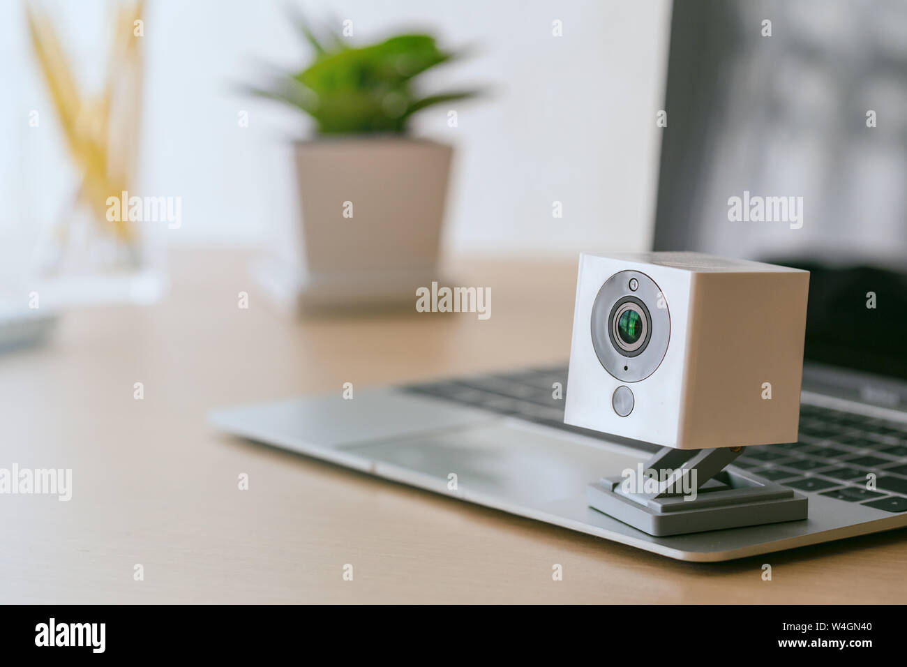 Security camera on Wood table. IP Camera. Stock Photo