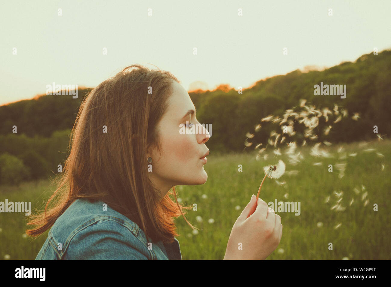 Profile of teenage girl blowing blowball Stock Photo