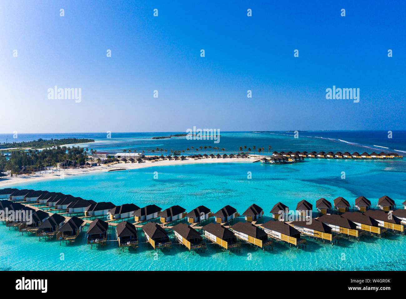 Aerial view of water bungalows, South Male Atoll, Maledives Stock Photo