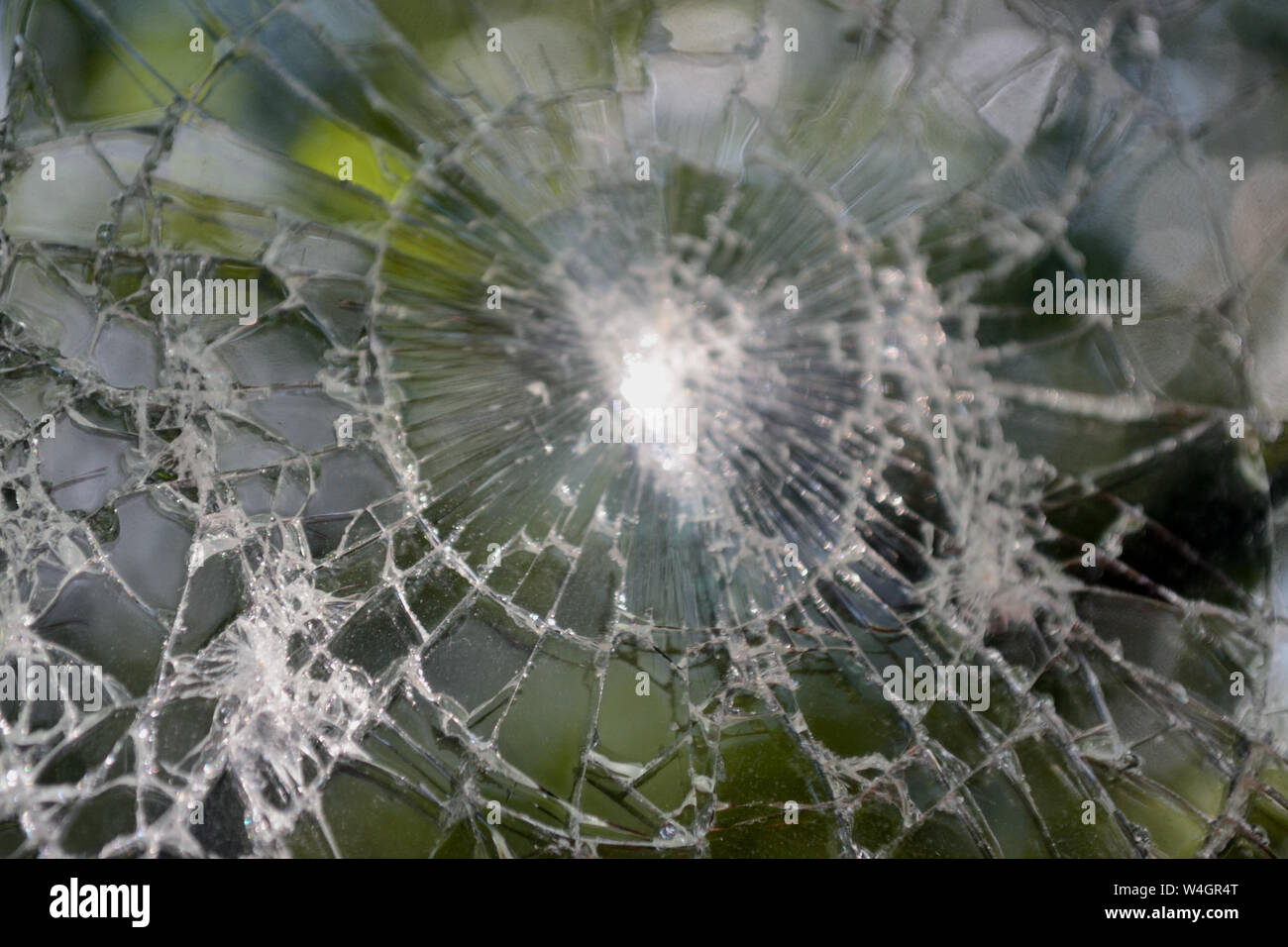 Broken smartphone screen with natural background. Cracked screen phone Stock Photo
