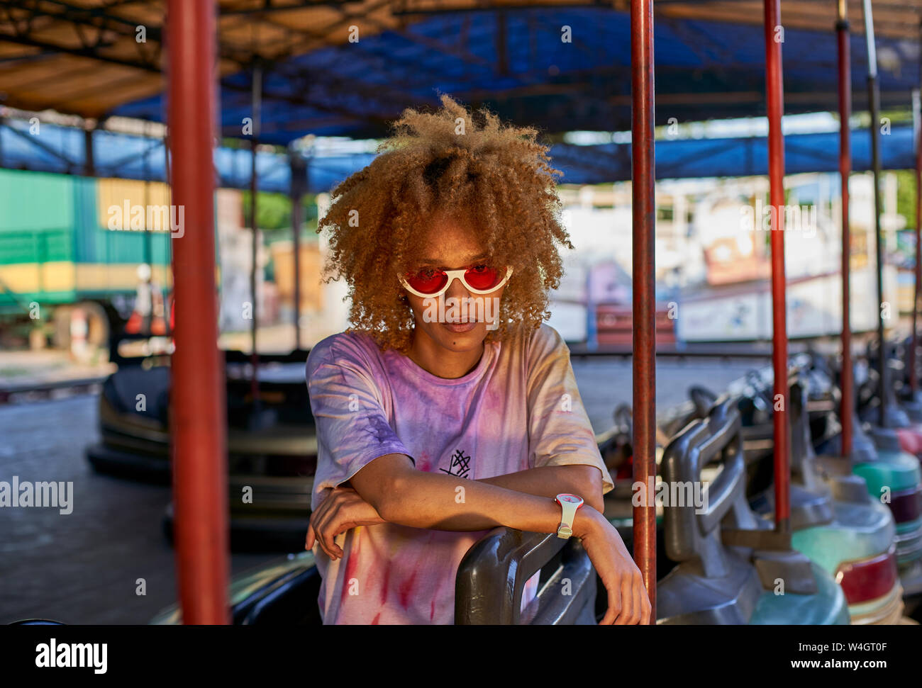 Woman on bumper car on a fair Stock Photo