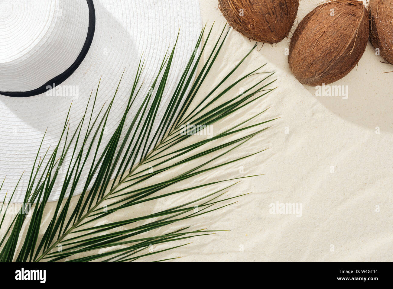top view of coconuts, palm leaf and white straw hat on sand Stock Photo ...
