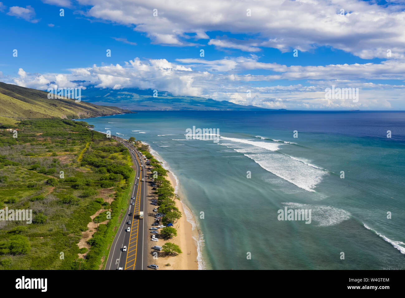 Aerial view over West Maui Mountains, Pacific Ocean and the coast along the Hawaii Route 30, Maui, Hawaii, USA Stock Photo