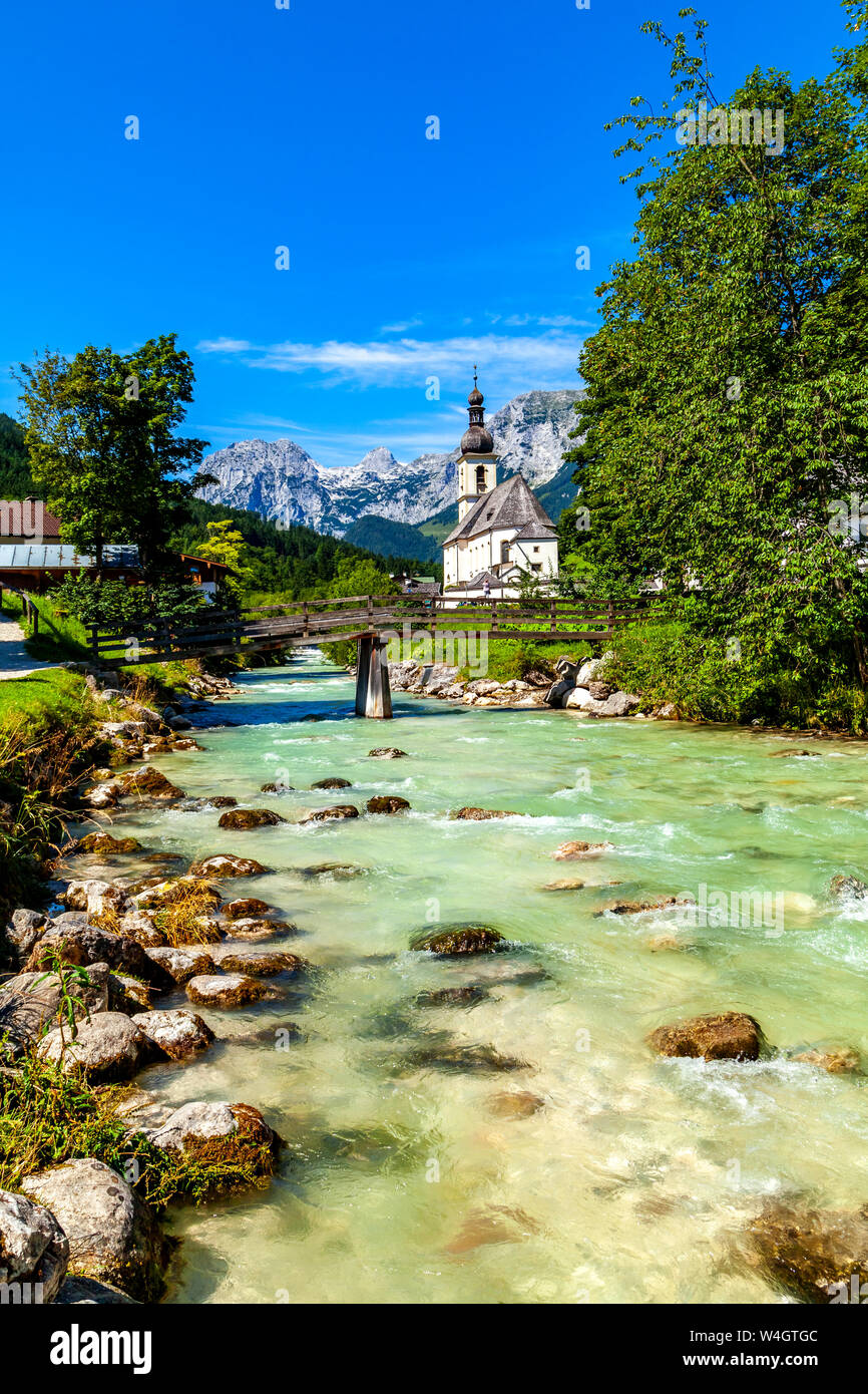 Parish church of St Sebastian with Reiteralpe mountain in the background, Ramsau, Germany Stock Photo