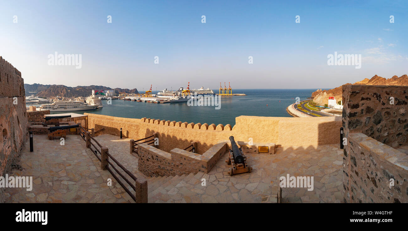 Fort Matrah, view towards harbour, Matrah, Muscat, Oman Stock Photo