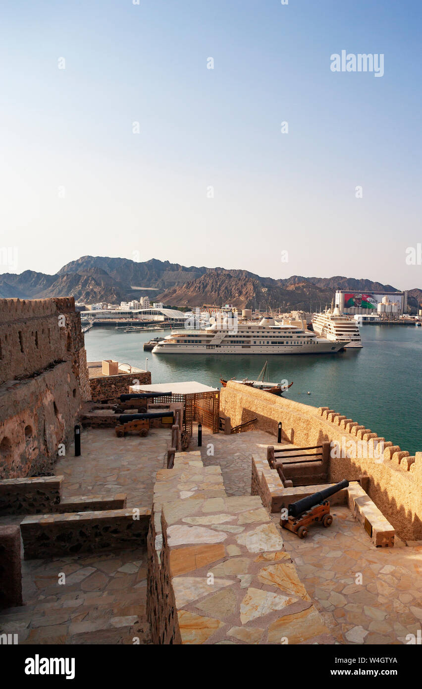 Fort Matrah, view towards harbour, Al Said, private yacht of the Sultanate Oman, Matrah, Muscat, Oman Stock Photo