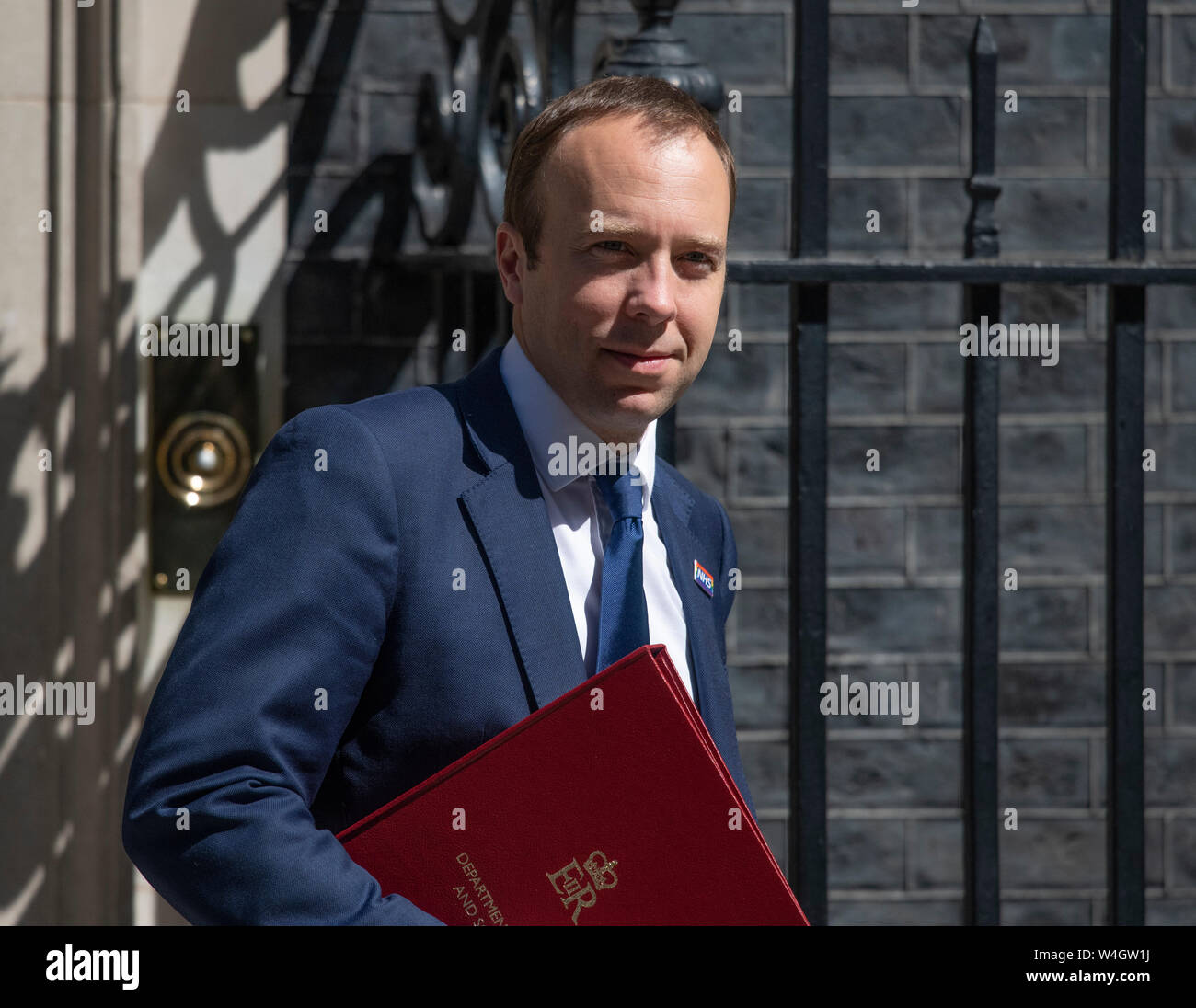 Downing Street, London, UK. 23rd July 2019. Matt Hancock, Secretary of State for Health and Social Care, leaves 10 Downing Street after final cabinet meeting chaired by PM Theresa May and before Boris Johnson is announced as new PM. Credit: Malcolm Park/Alamy Live News. Stock Photo