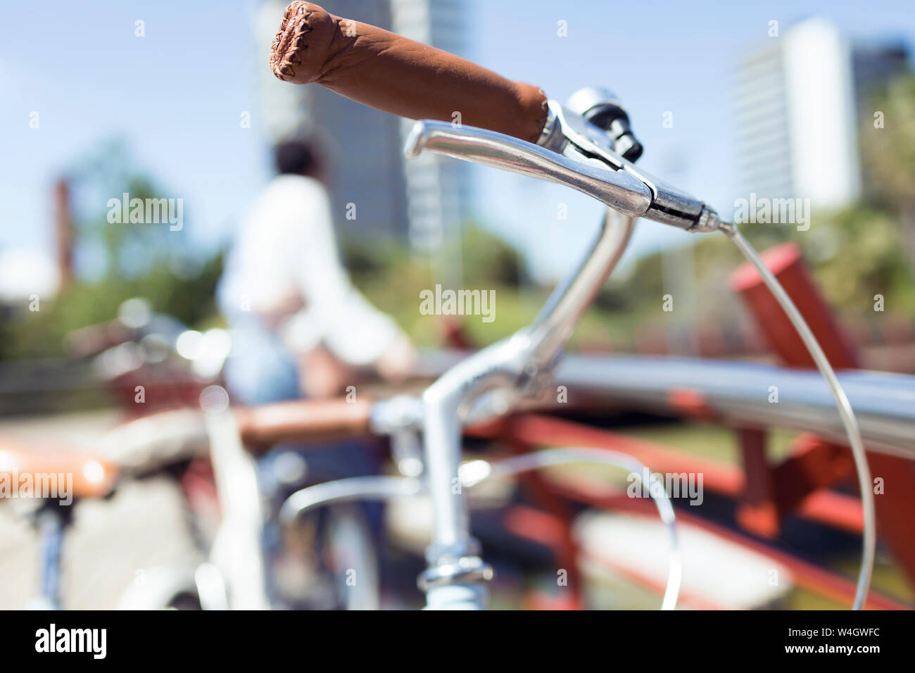 Focus on bicycle handle Stock Photo