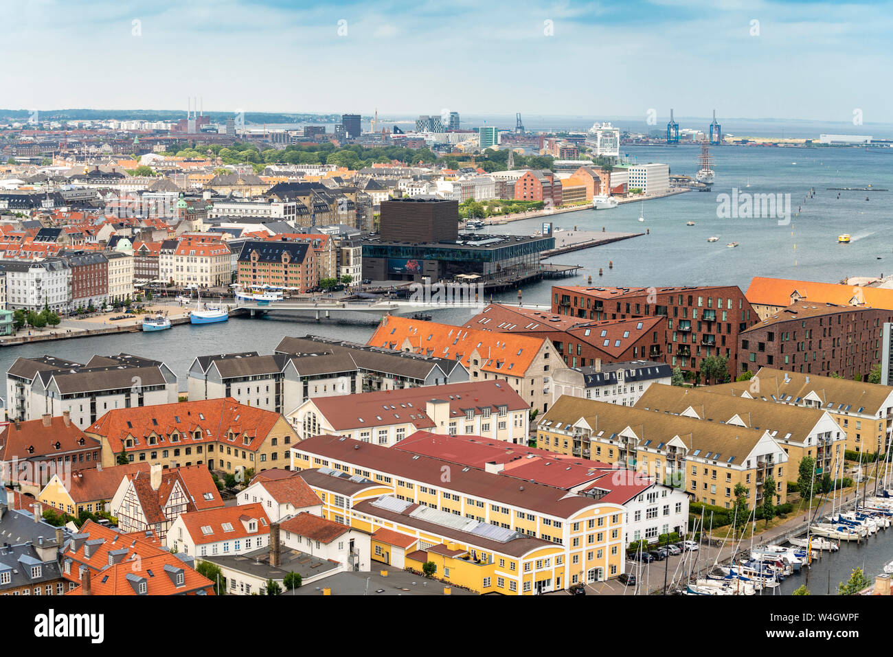 View of Christianshavn, Nyhavn and the Royal Danish Playhouse, Copenhagen, Denmark Stock Photo