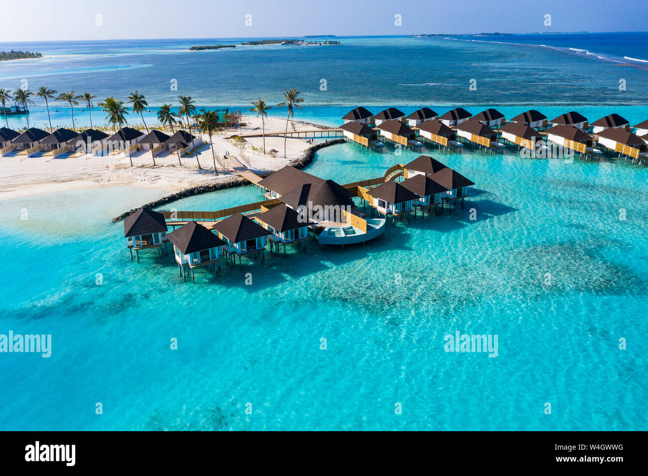 Aerial view of water bungalows, South Male Atoll, Maledives Stock Photo