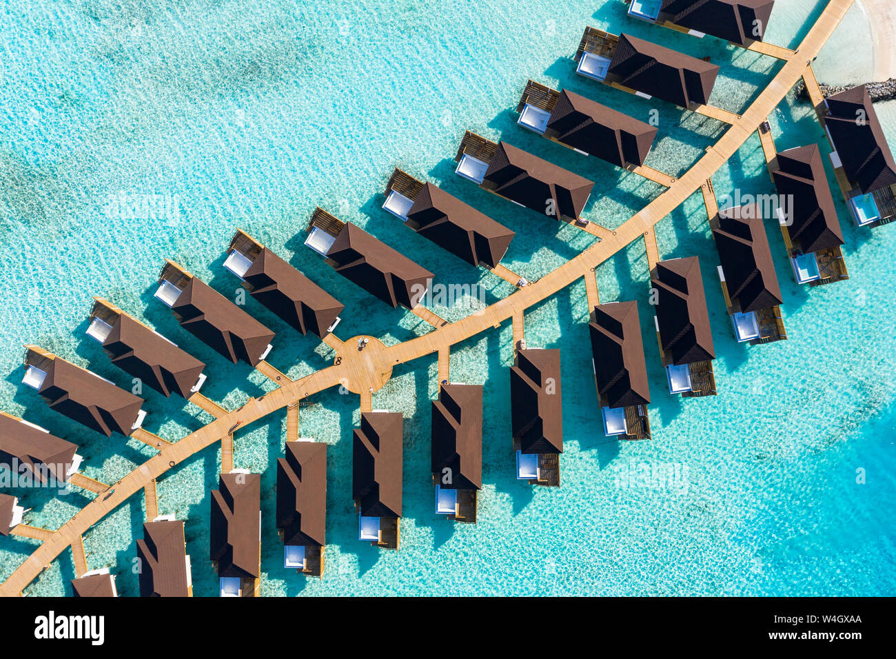 Water bungalows from above, South Male Atoll, Maledives Stock Photo