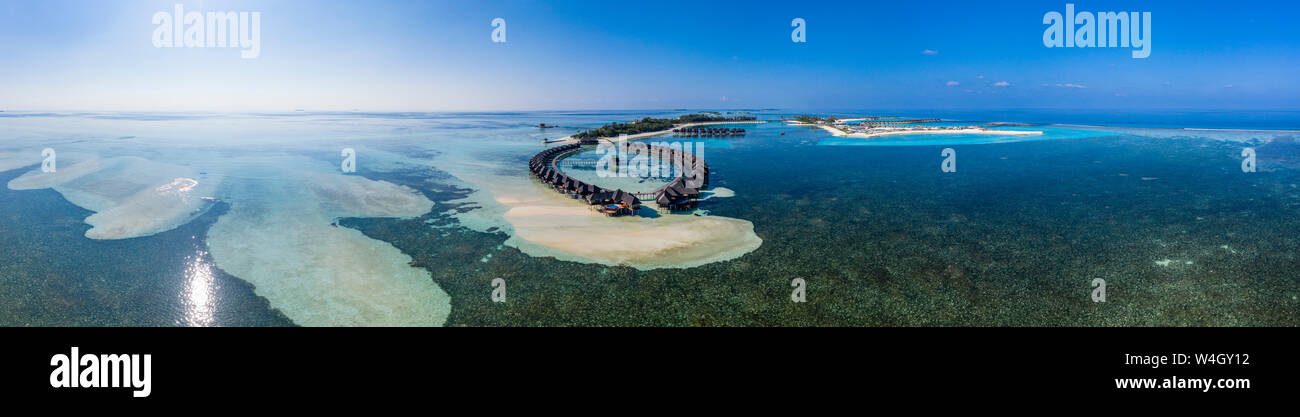 Aerial view over Olhuveli and Bodufinolhu with Fun Island Resort, South Male Atoll, Maldives Stock Photo
