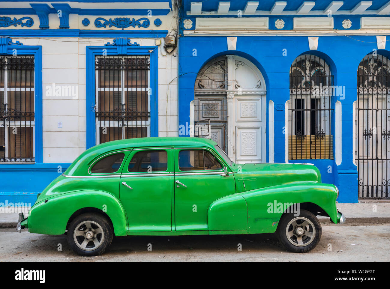 Parked freen vintage car, Havana, Cuba Stock Photo