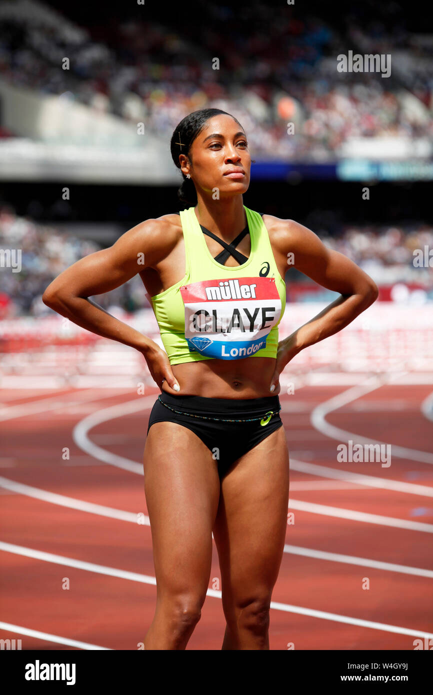 Queen CLAYE (United States of America) after competing in the Women's 100m Hurdles Heat 1 at the 2019, IAAF Diamond League, Anniversary Games, Queen Elizabeth Olympic Park, Stratford, London, UK. Stock Photo