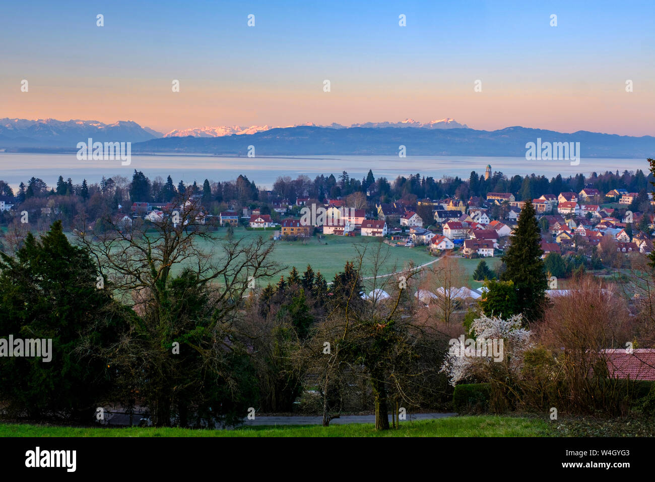 View over  Bad Schachen, Appenzellerland and Lake Constance at dawn, Bavaria, Germany Stock Photo