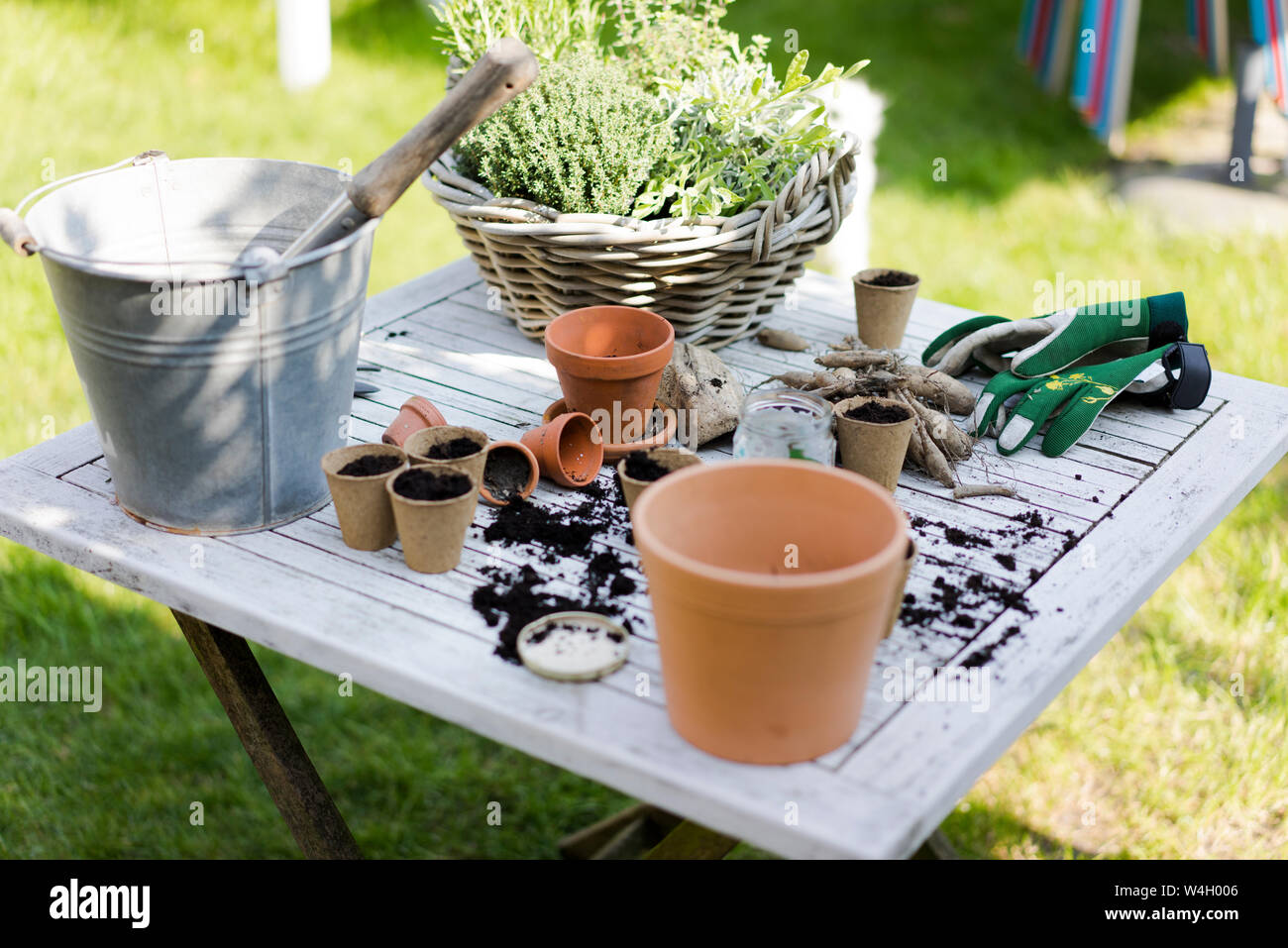 Gardening accessories on table Stock Photo