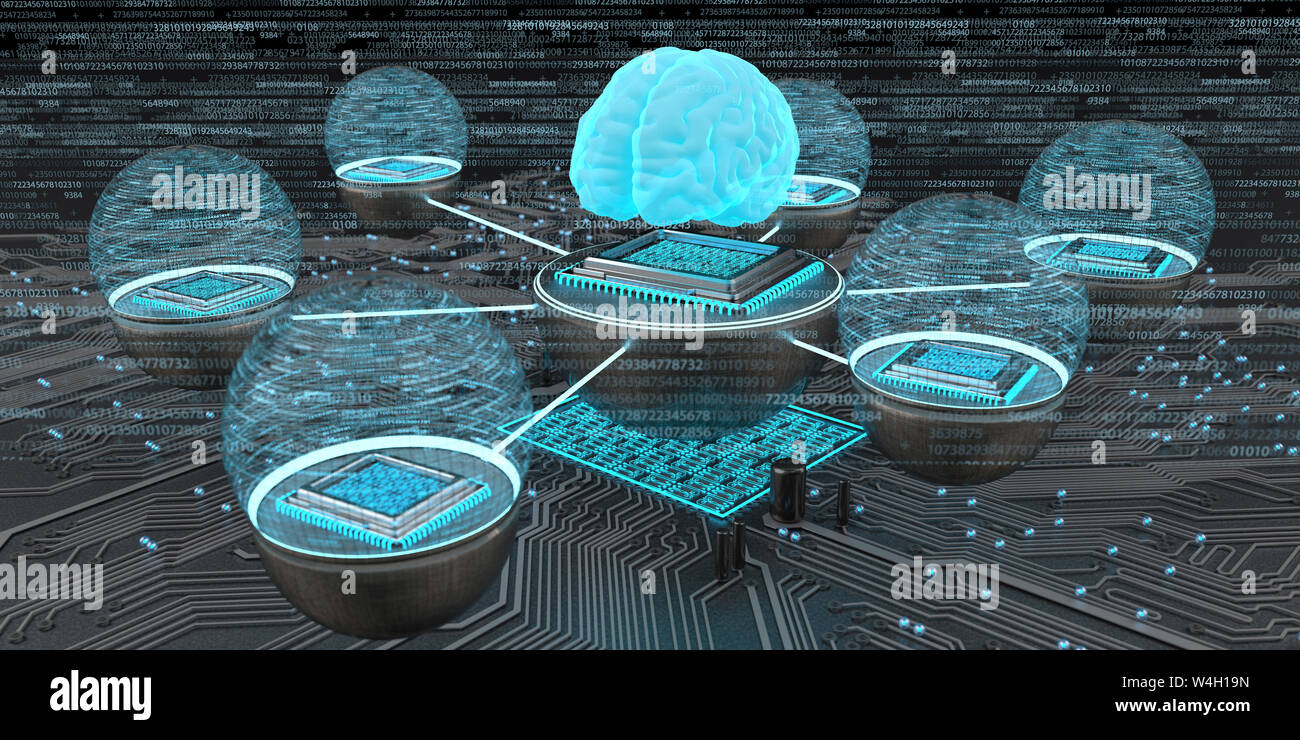 Human brain with networked microchips hires stock photography and