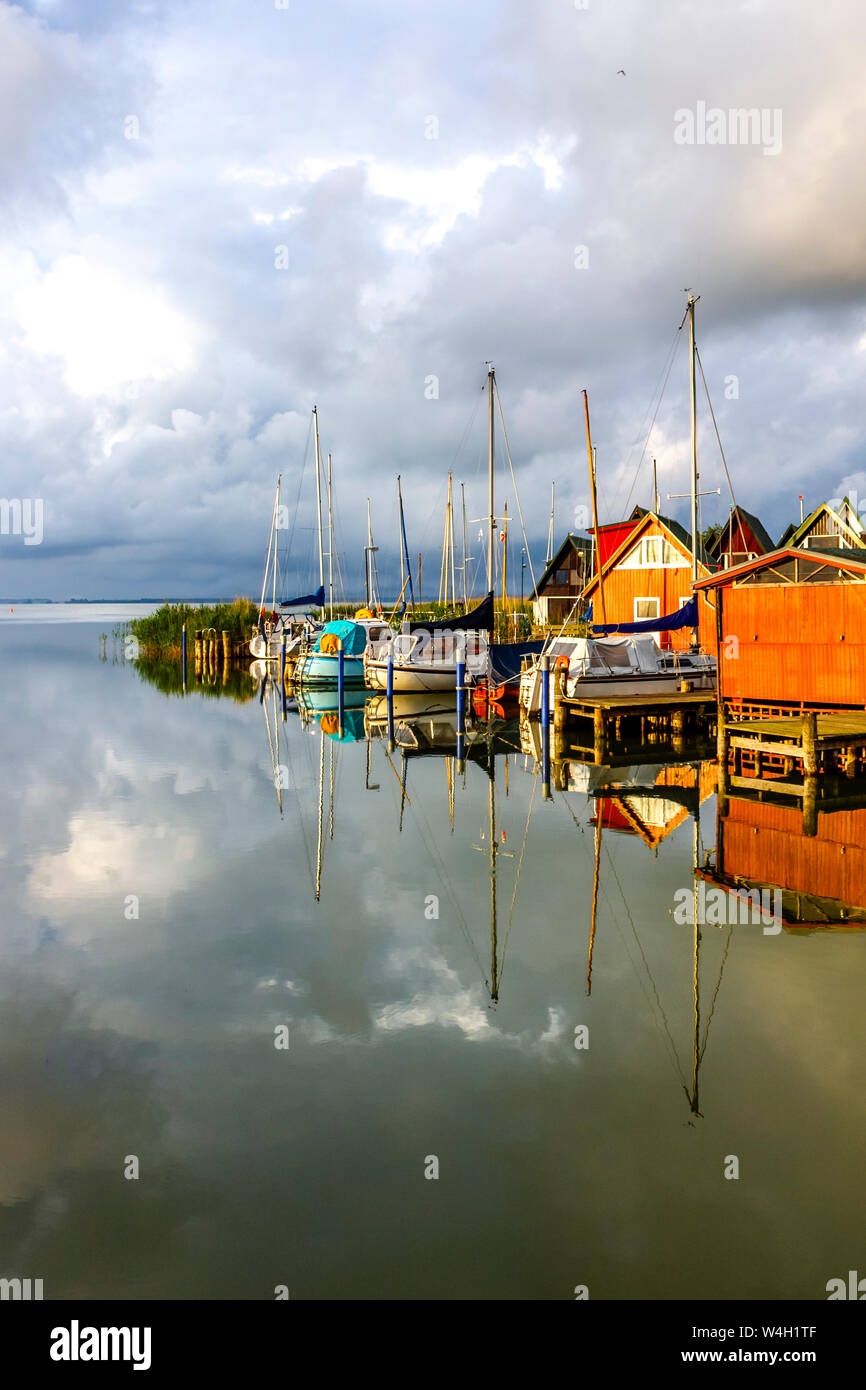 View to harbour with moored sailing boats, Ahrenshoop, Germany Stock Photo