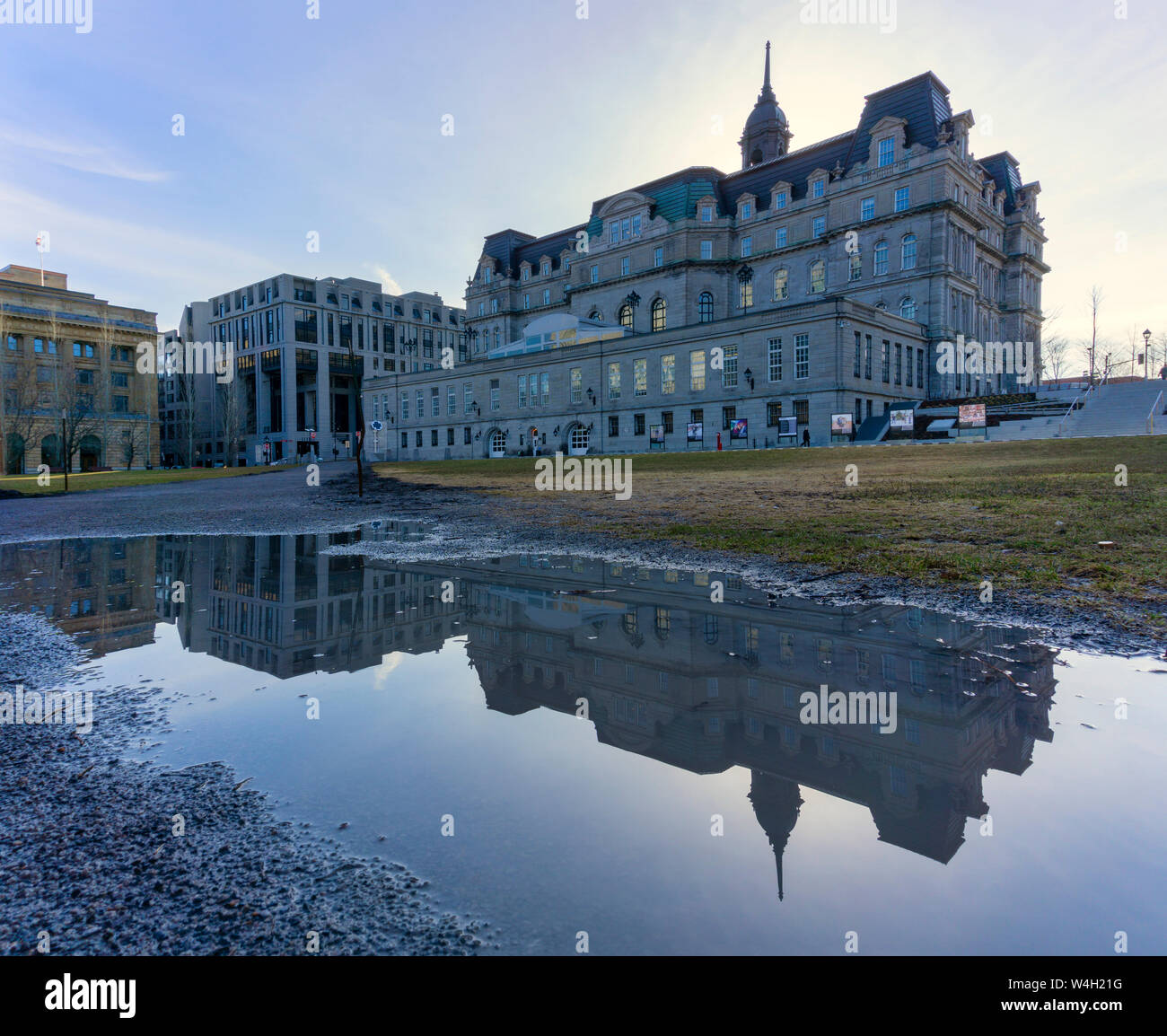 Canada, Quebec, Montreal, Old Port, water reflection in puddle Stock Photo