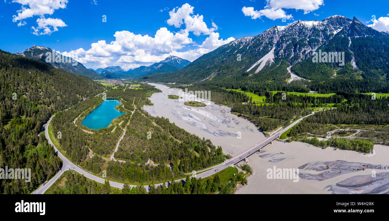 Aerial view over Lech valley and Lech river, Tyrol, Austria Stock Photo