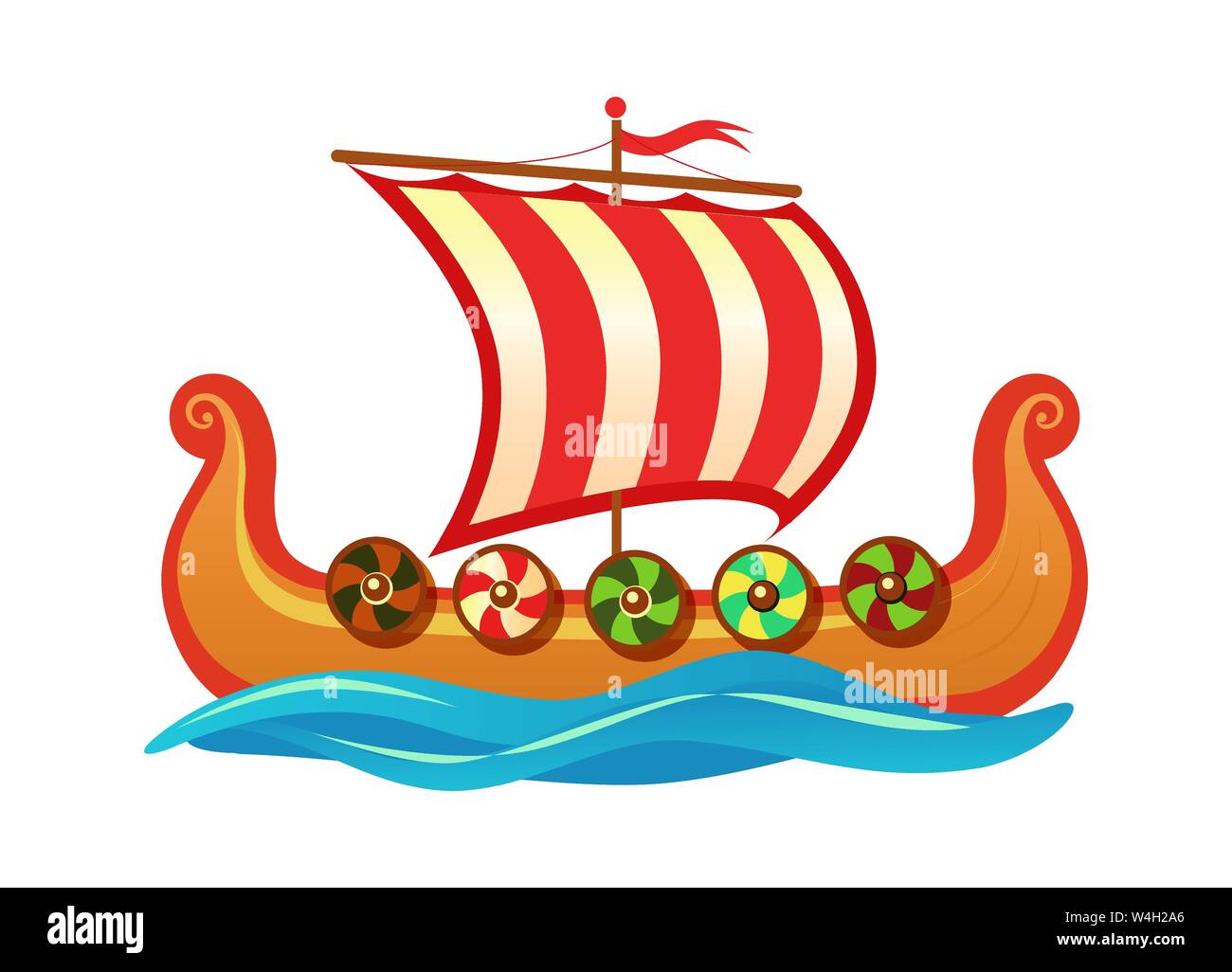 Drakkar - Scandinavian longship of Vikings - Vector colorful Cartoon icon illustration for Travel tour agency. Stock Vector