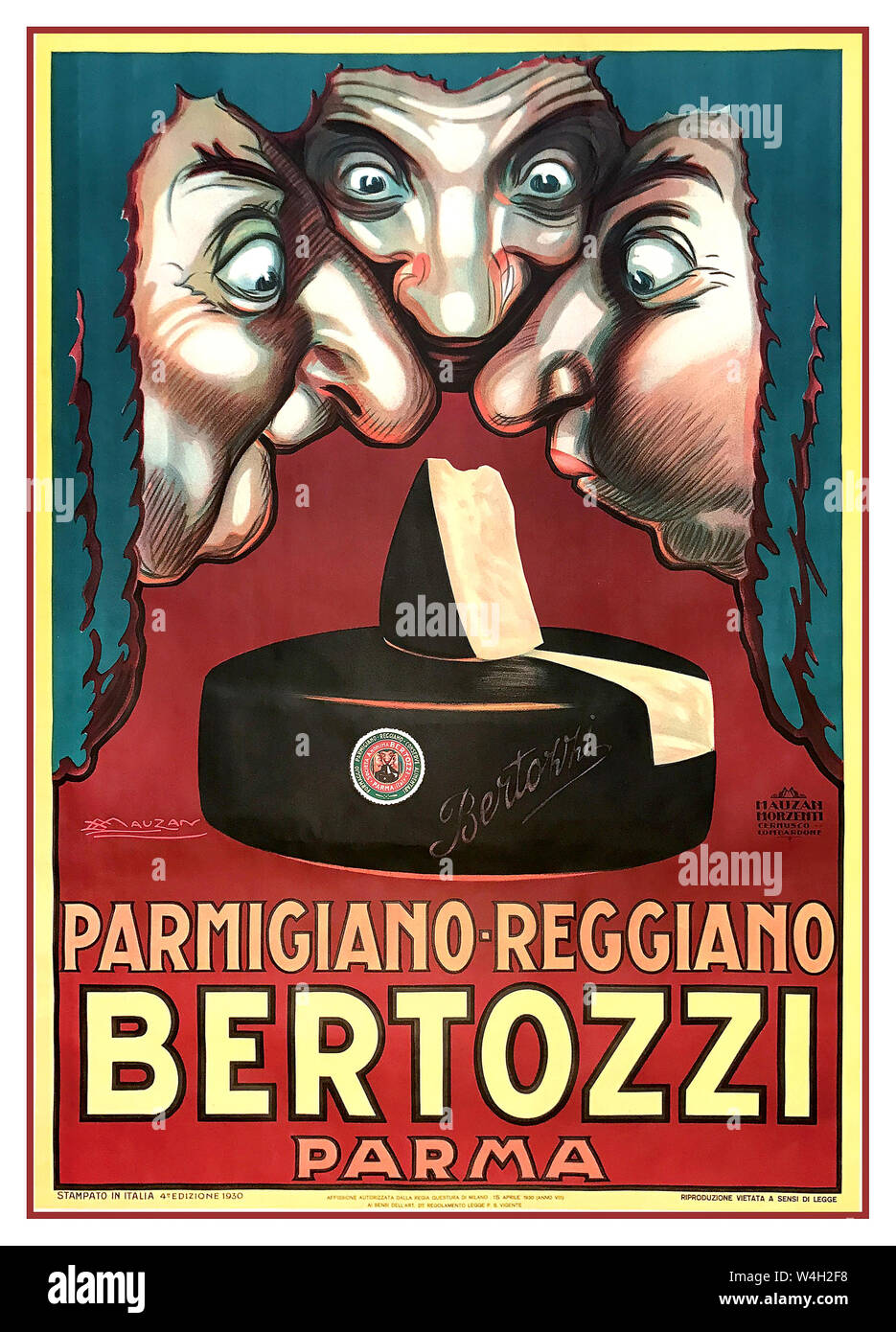 Vintage 1930's Italian Cheese Poster by Achille Luciano Mauzan (1883 – 1952), PARMIGIANO REGGIANO BERTOZZI PARMA First edition lithographic poster. 1930. Typical example of the humour graphic by Mauzan, promoting the great Italian cheese from Parma and Reggio Emilia. Stock Photo