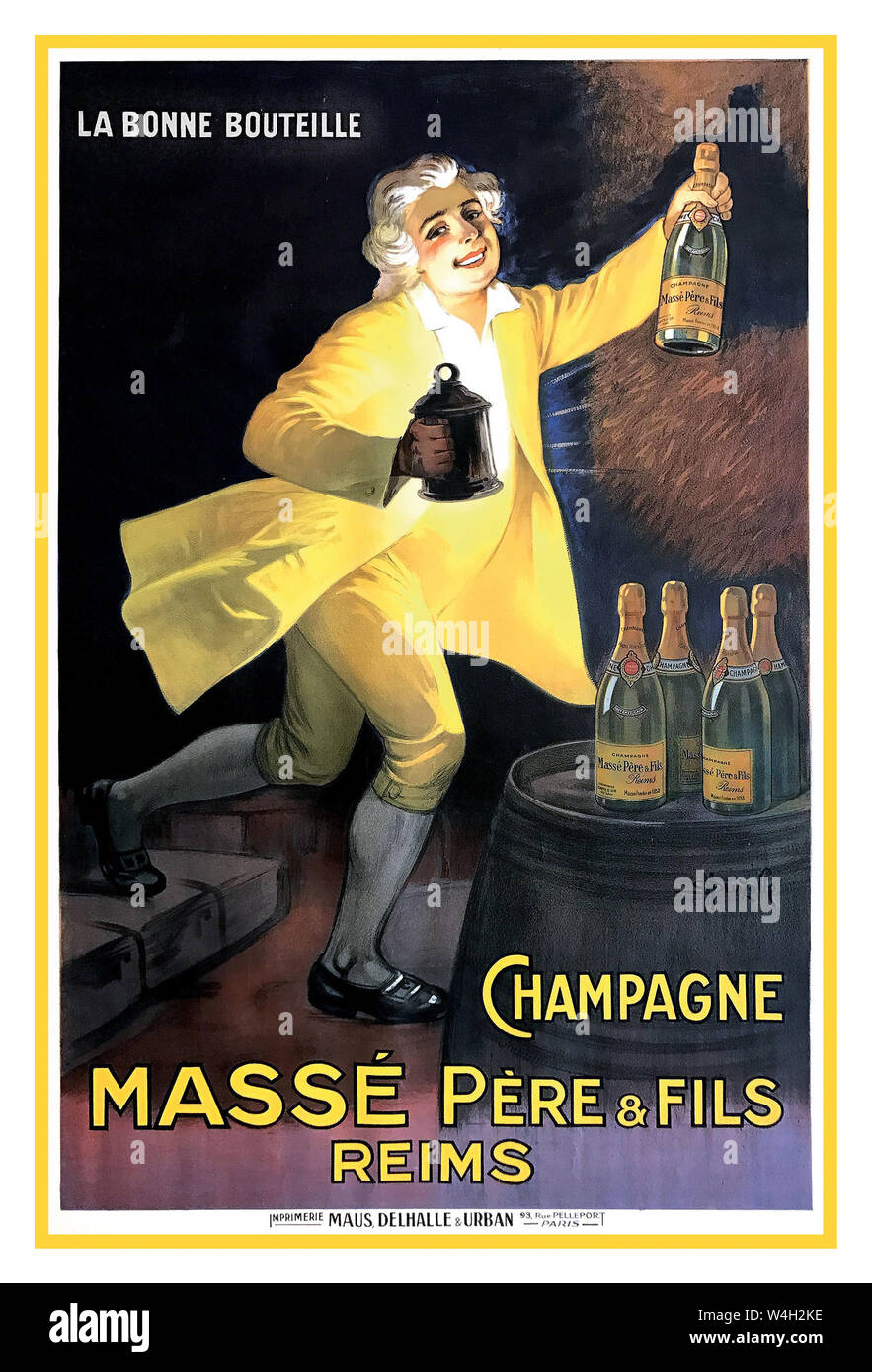 Vintage 1920's French Champagne drinks alcohol Poster by Auzolle Marcellin (1862-1942), CHAMPAGNE MASSE’ PERE ET FILS, REIMS First edition period 17th C person fashion lithographic poster 1925 France Stock Photo