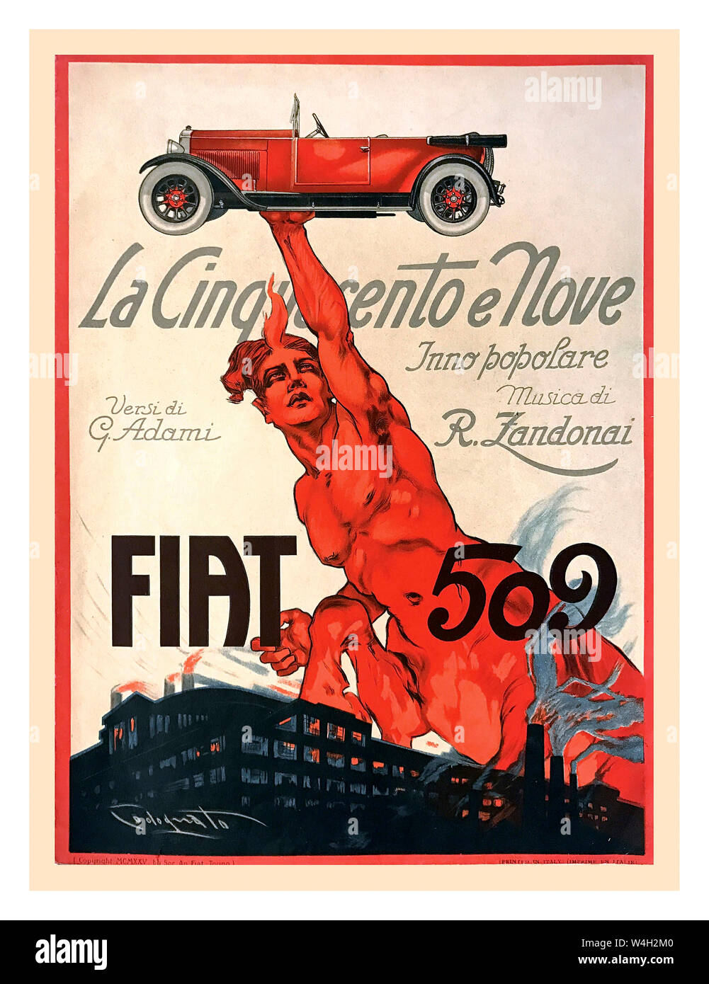 FIAT 509 Vintage 1925 Italian Car Automobile Fiat 509 Poster by Plinio Codognato ( 1878- 1940), FIAT 509 – LA CINQUECENTO E NOVE, INNO POPOLARE, MUSICA DI R.ZANDONAI, VERSI DI G.ADAMI First edition brochure, 1925 Poster by Codognato Italy Stock Photo