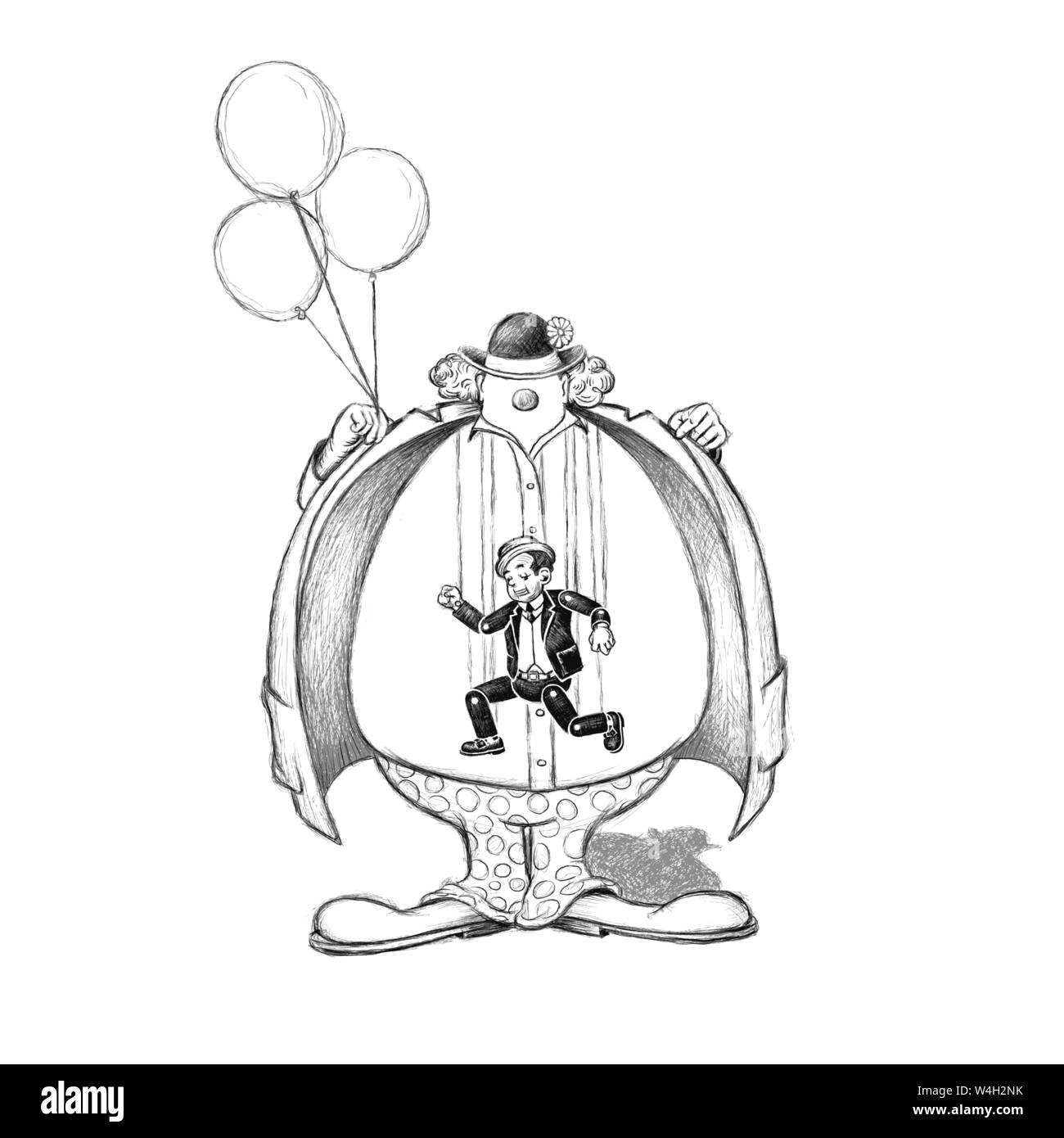 Scary clown,pervert opening his coat reveals a string marionet.hanging in fromt of him Stock Vector