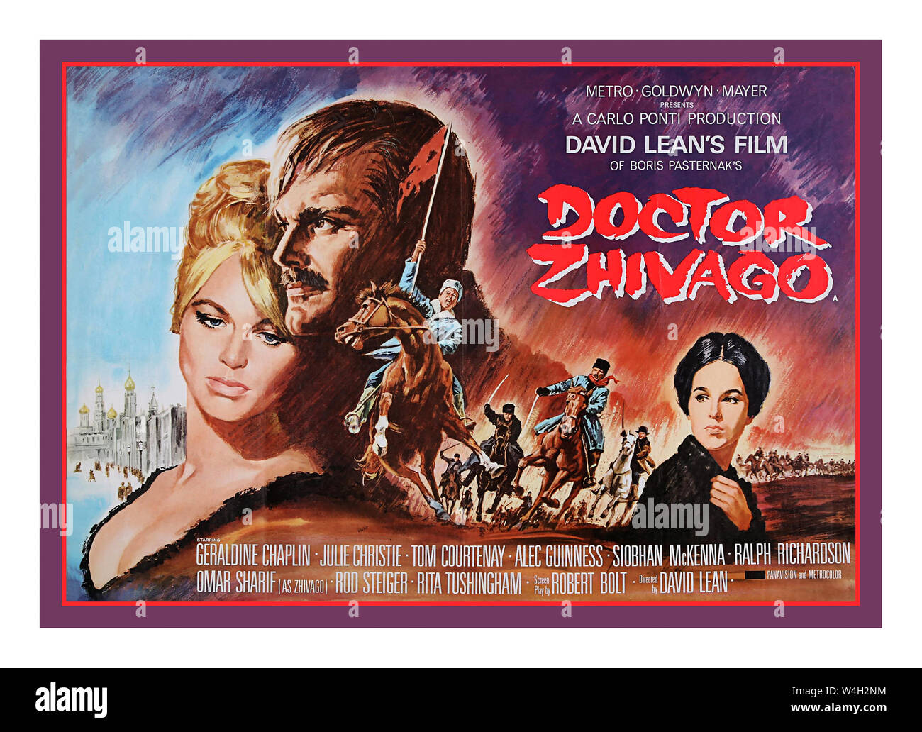 'Doctor Zhivago' first release movie film cinema poster for the 1965 epic 'Doctor Zhivago'. Directed by David Lean, the film starred Julie Christie and Omar Sharif. This was one of the biggest films of 1965, feted with ten Oscar nominations, scooping five. Doctor Zhivago is a 1965 British-Italian epic romantic drama film directed by David Lean. It is set in Russia between the years prior to World War I and the Russian Civil War of 1917–1922, and is based on the 1957 Boris Pasternak novel Doctor Zhivago. While immensely popular in the West, the book was banned in the Soviet Union for decades. Stock Photo