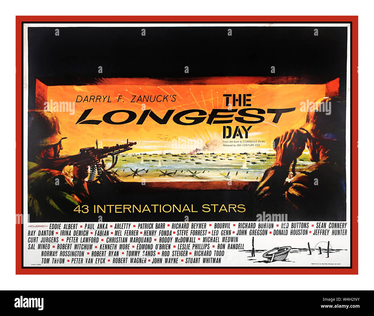 Vintage UK movie cinema film poster for 'The Longest Day' (1962). A huge star-studded cast for the film about D-Day invasion including John Wayne, Richard Burton and Sean Connery. The Longest Day is a 1962 epic war film based on Cornelius Ryan's 1959 book The Longest Day (1959) about the D-Day landings at Normandy on June 6, 1944, during World War II. The film was produced by Darryl F. Zanuck, The screenplay was by Ryan, with additional material written by Romain Gary, James Jones, David Pursall, and Jack Seddon. It was directed by Ken Annakin Stock Photo