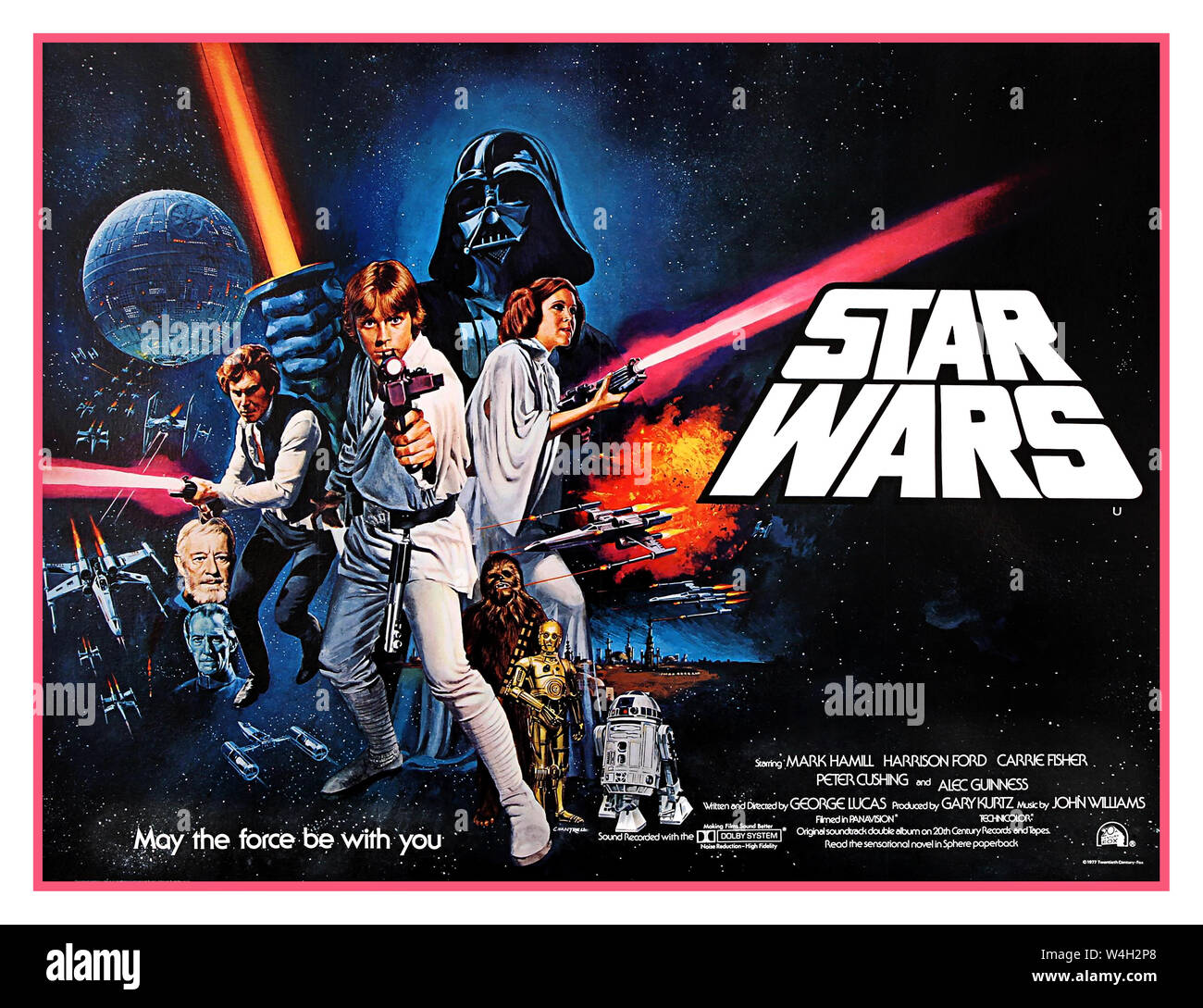 Star Wars 1977 UK 1970's film movie cinema poster for the debut of 'Star Wars' (1977). Star Wars (20th Century Fox, 1978). British Quad Poster Star Wars (also known as Star Wars: Episode IV – A New Hope) is a 1977 American epic space-opera film written and directed by George Lucas. It is the first film in the original Star Wars trilogy and the beginning of the Star Wars franchise. Starring Mark Hamill, Harrison Ford, Carrie Fisher, Peter Cushing, Alec Guinness, David Prowse, James Earl Jones, Anthony Daniels, Kenny Baker, and Peter Mayhew, music John Williams directed by George Lucas Stock Photo