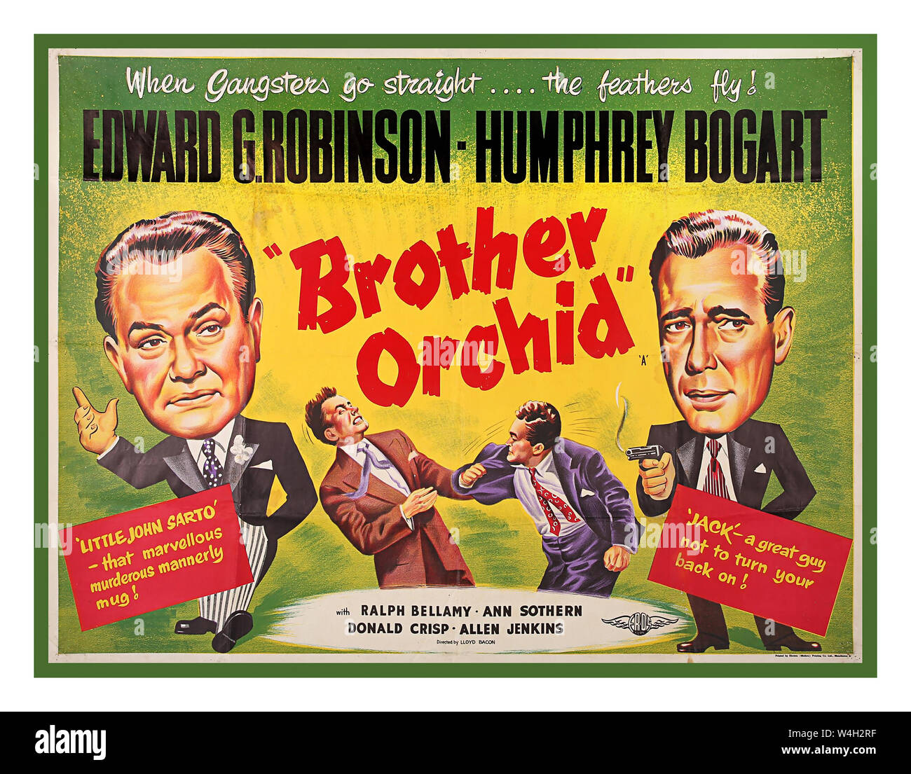 Vintage 1940's UK film Movie Cinema Poster for the American film 'Brother Orchid'  Full colour illustration for this 1940 film. The poster presents caricature representations of Edward G. Robinson and Humphrey Bogart. Stock Photo